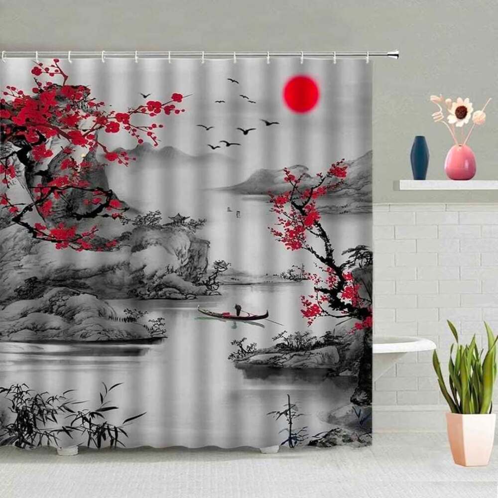 Japanese Cherry Blossom Landscape Shower Curtain with Hooks